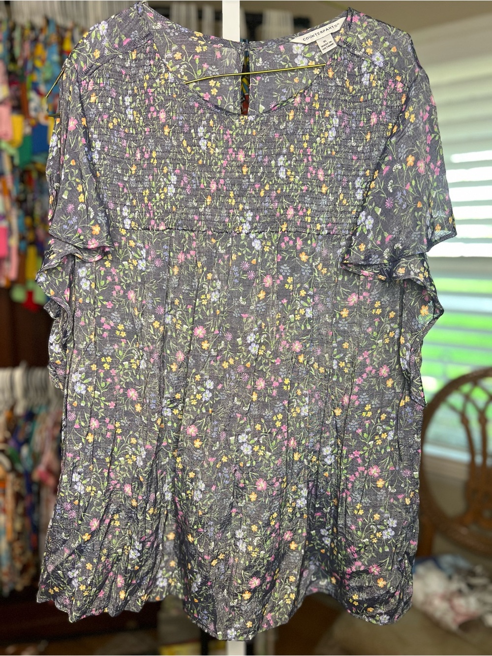 Counterparts Floral Smocked Blouse - Gray with Pink, Yellow & Green Flowers